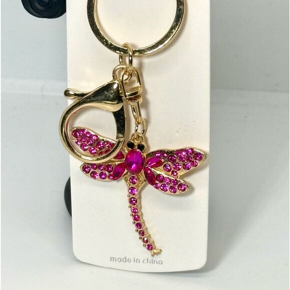 BAG CHARM Pink Crystal Dragonfly Keychain Charm -  Gold Accent - Picture 3 of 5